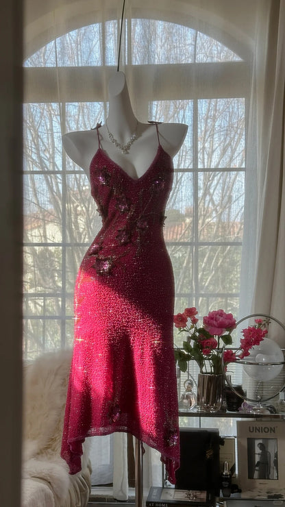 Elegant Red Spaghetti Straps Sheath Silk Beaded Short Prom Dresses with 3D Appliques RF01012