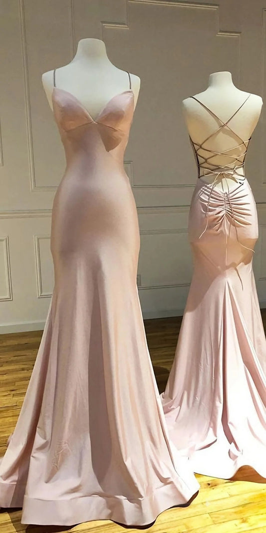 Sweet Blush Pink Spaghetti Strap Mermaid Formal Dress, Satin Backless Prom Dresses RF01014