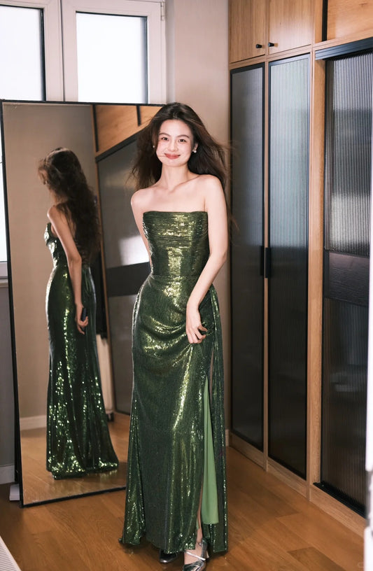 Sparkly Dark Green Sheath Strapless Slit Evening Gowns Sweet 18th Birthday Dress RF01015