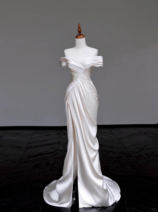 Simple Off Shoulder White Mermaid Wedding Dress Satin Slit Formal Dresses RF01018