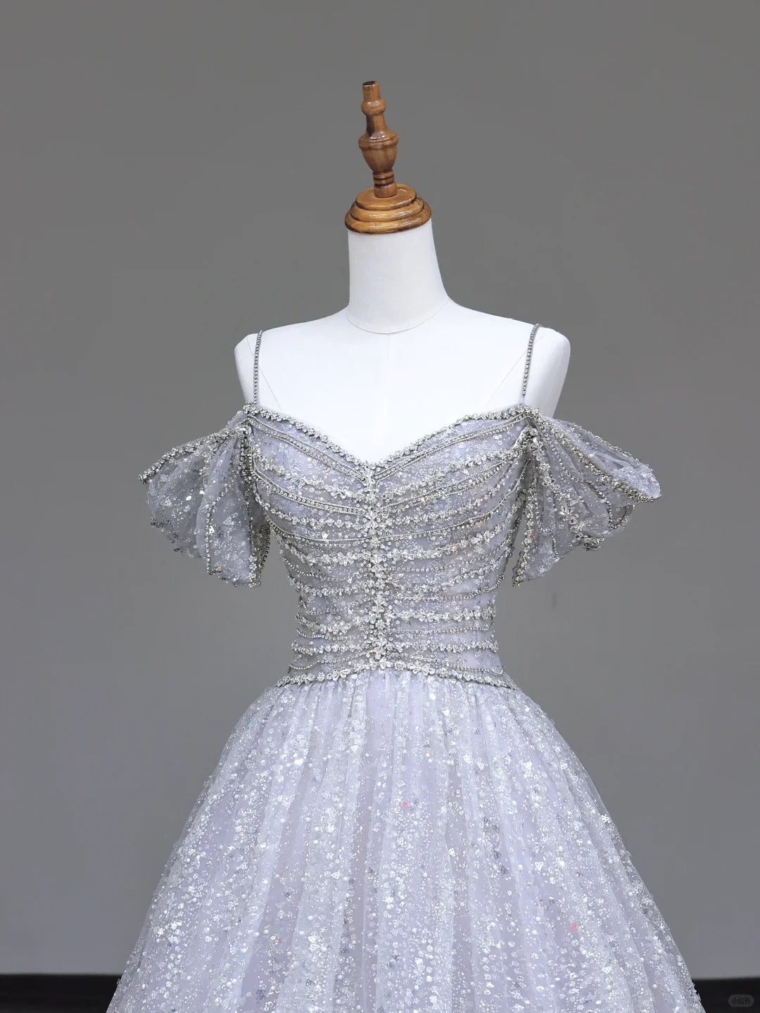 Glitter Silver A-Line Off Shoulder Tulle Long Prom Dresses Elegant Evening Dresses RF01019