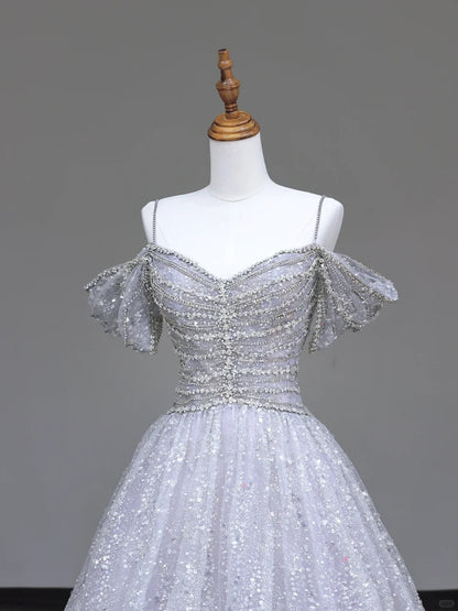 Glitter Silver A-Line Off Shoulder Tulle Long Prom Dresses Elegant Evening Dresses RF01019