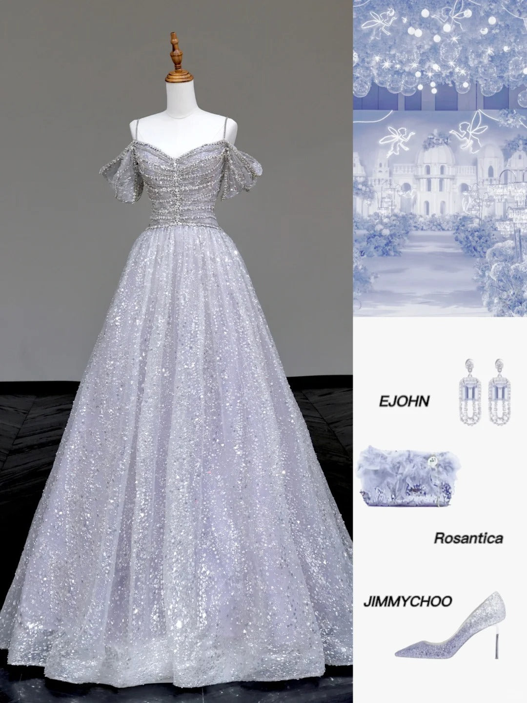 Glitter Silver A-Line Off Shoulder Tulle Long Prom Dresses Elegant Evening Dresses RF01019