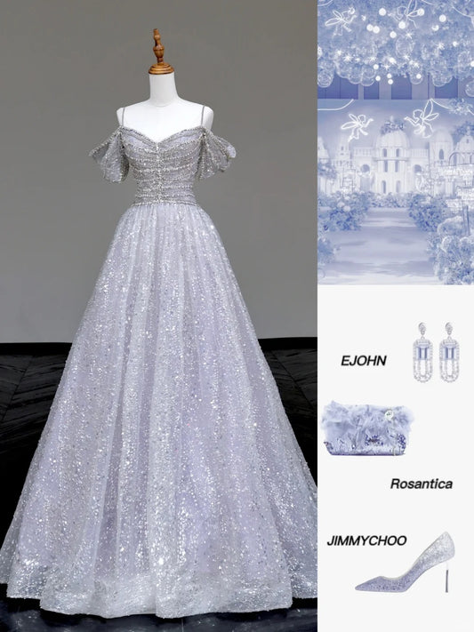 Glitter Silver A-Line Off Shoulder Tulle Long Prom Dresses Elegant Evening Dresses RF01019