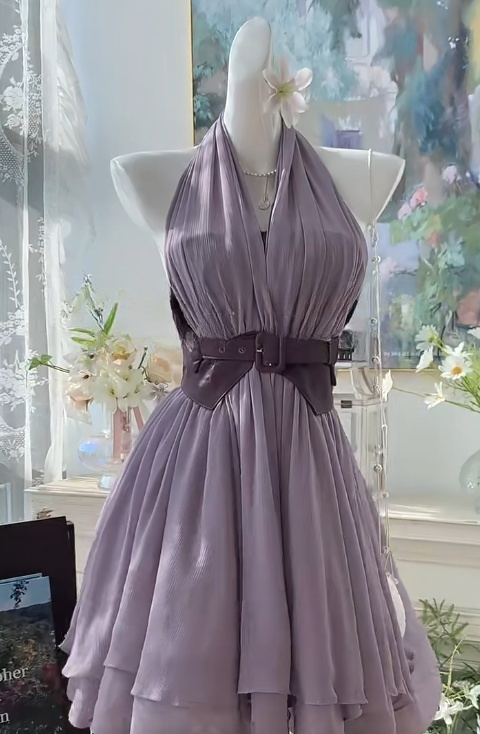 Robe de soirée violette en mousseline de soie, dos nu, col licou, coupe trapèze, robe d'anniversaire tendance, RF01021