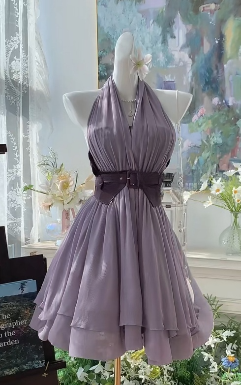 Robe de soirée violette en mousseline de soie, dos nu, col licou, coupe trapèze, robe d'anniversaire tendance, RF01021