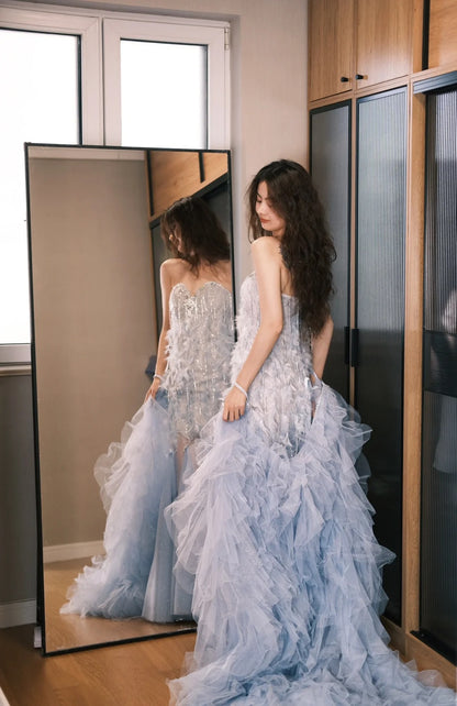Elegant Gray Blue Sheath Sheer Straps Birthday Prom Dresses Tulle Tassel Evening Dress RF01025