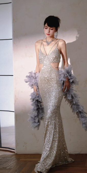 Sparkly Champagne Mermaid Evening Gowns Spaghetti Strap Backless Birthday Dress RF01026