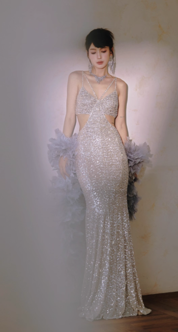 Sparkly Champagne Mermaid Evening Gowns Spaghetti Strap Backless Birthday Dress RF01026
