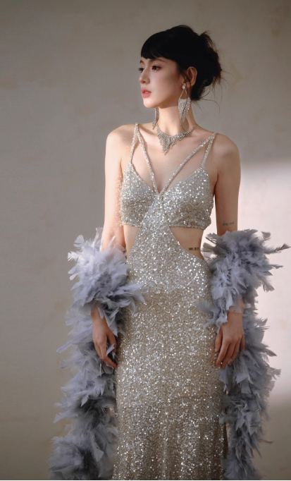 Sparkly Champagne Mermaid Evening Gowns Spaghetti Strap Backless Birthday Dress RF01026