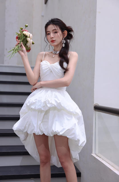 Pretty White Spaghetti Strap Hi-Lo Quinceanera Dress Elegant 18th Birthday Outfit RF01027