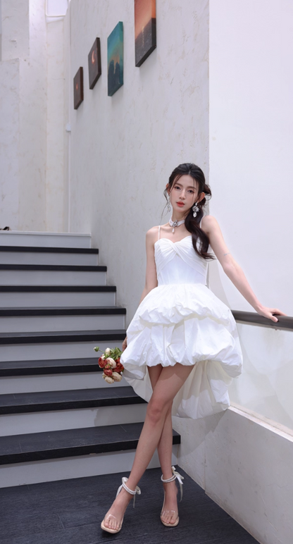 Pretty White Spaghetti Strap Hi-Lo Quinceanera Dress Elegant 18th Birthday Outfit RF01027
