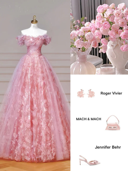 Sweet Pink Off-the-shoulder A-Line Tulle Applique Long Quinceanera Dress Gorgeous Quinceanera Dresses RF01028
