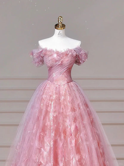 Sweet Pink Off-the-shoulder A-Line Tulle Applique Long Quinceanera Dress Gorgeous Quinceanera Dresses RF01028