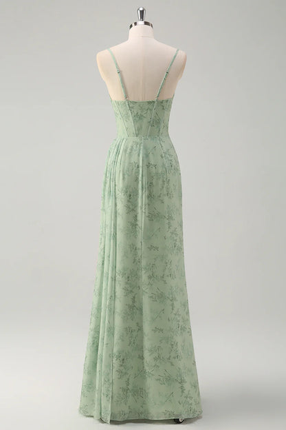 Dusty Sage Corset Floral Print Evening Dresses Bridesmaid Dresses with Slit  RF0385
