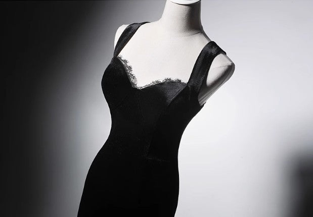 Elegant Black Spaghetti Strap Sweetheart Mermaid Velvet Evening Dresses Long Prom Dresses RF0386