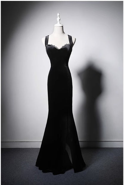 Elegant Black Spaghetti Strap Sweetheart Mermaid Velvet Evening Dresses Long Prom Dresses RF0386