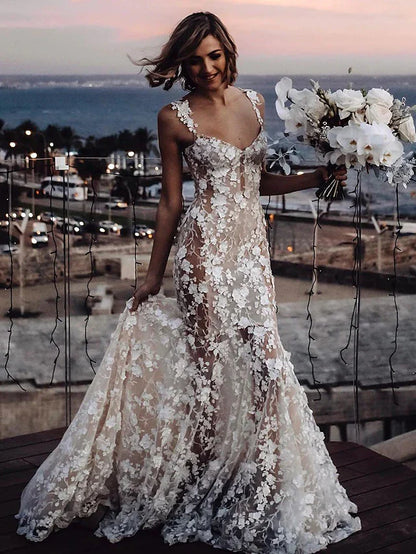 Beach Sexy Boho Wedding Dresses Court Train Mermaid / Trumpet Sleeveless V Neck Lace With Appliques RF0388