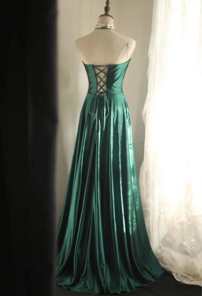 Sexy Deep V Neck Satin A-Line Backless Evening Dresses Long Prom Dresses RF0389