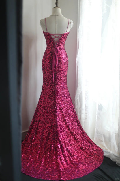 Robe de soirée longue fuchsia sexy à bretelles spaghetti et paillettes brillantes, dos nu, style sirène, RF0391