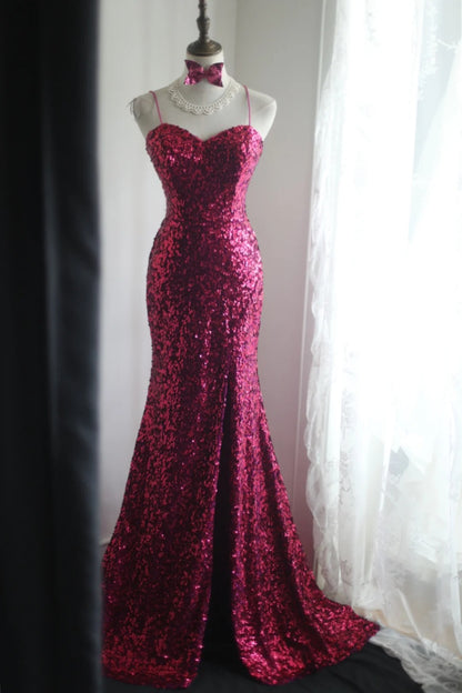 Robe de soirée longue fuchsia sexy à bretelles spaghetti et paillettes brillantes, dos nu, style sirène, RF0391