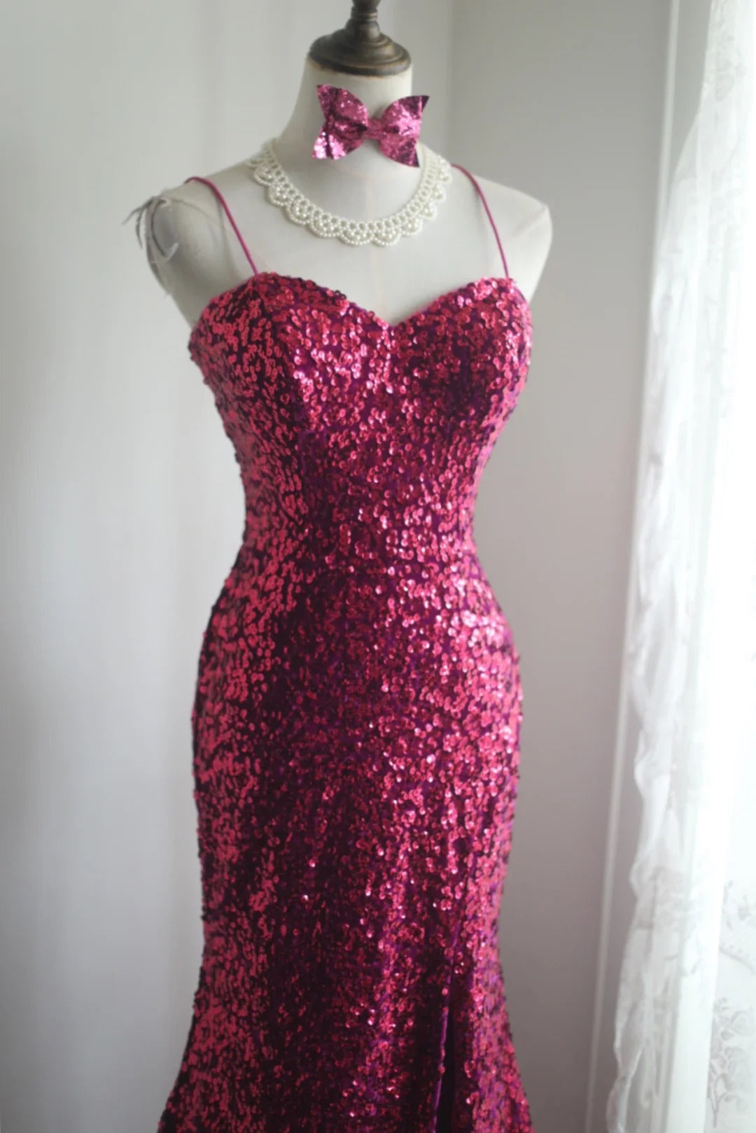 Robe de soirée longue fuchsia sexy à bretelles spaghetti et paillettes brillantes, dos nu, style sirène, RF0391