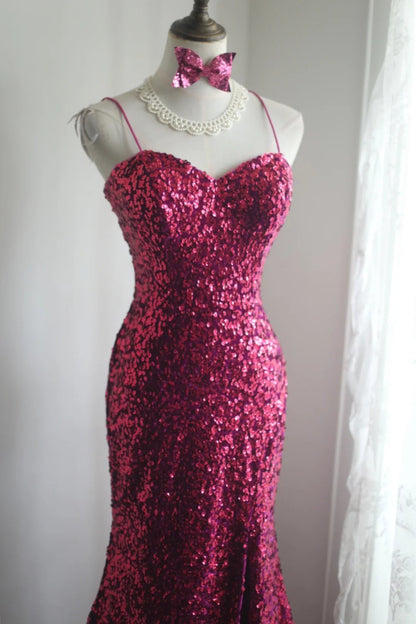 Robe de soirée longue fuchsia sexy à bretelles spaghetti et paillettes brillantes, dos nu, style sirène, RF0391