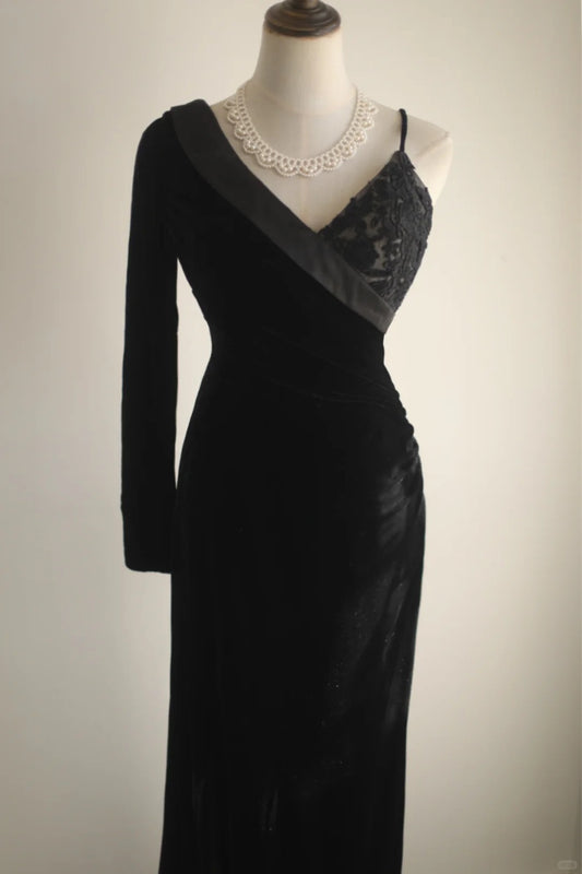 One Shoulder Black Satin  Backless Long Prom Dresses Formal Elegant Train Evening DressesRF0393