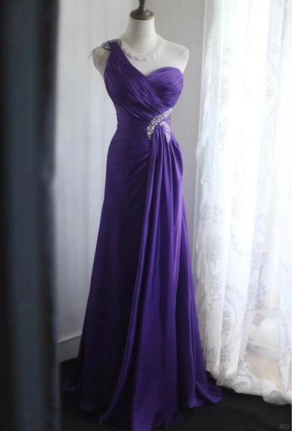 Gorgeous Purple One Shoulder Satin A-Line Long Prom Dresses Formal Evening Dress RF0394