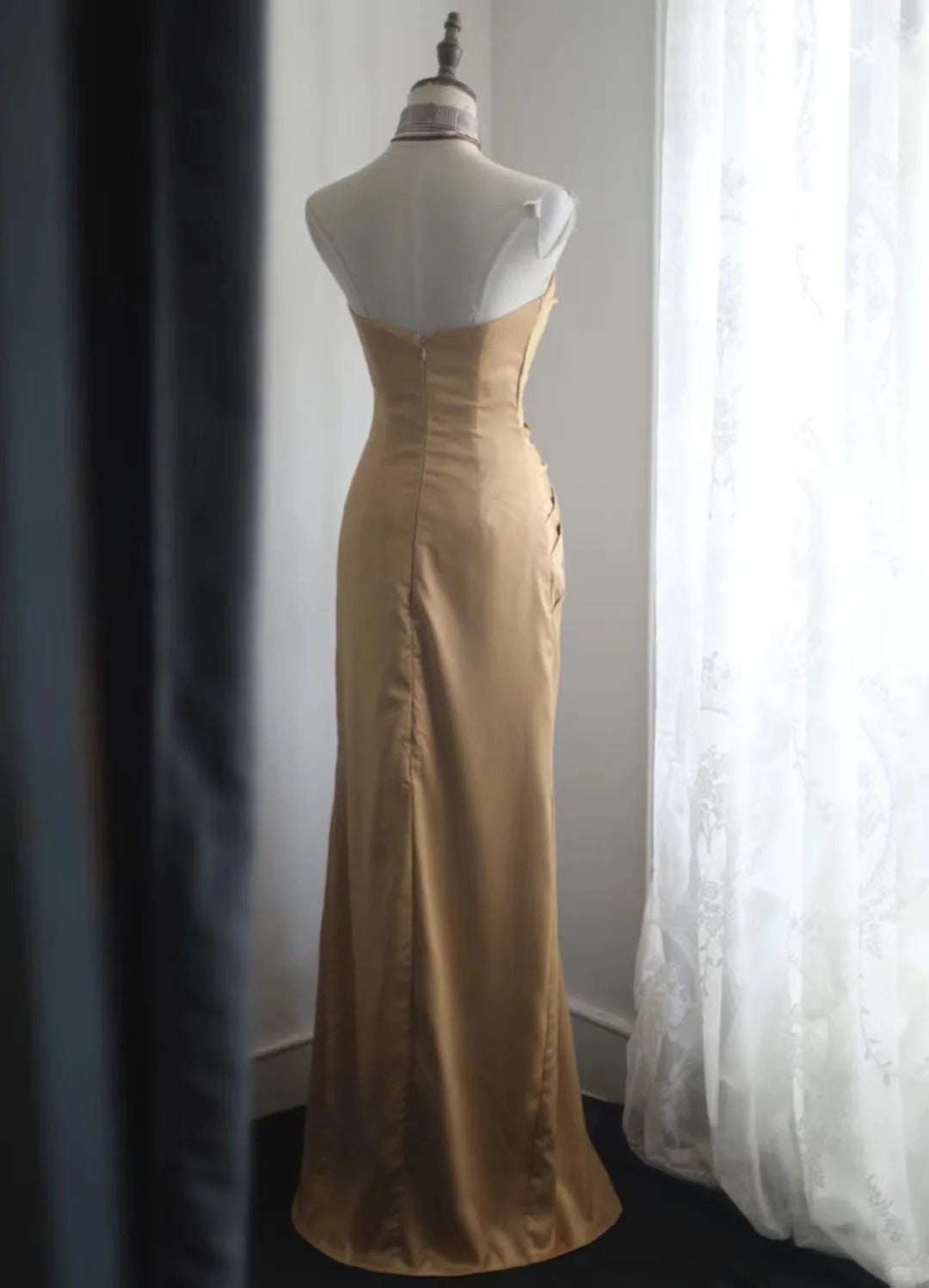 Gold Sweetheart Satin Mermaid Elegant Evening Dress, Long Prom Dresses RF0395