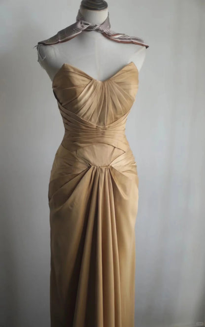 Gold Sweetheart Satin Mermaid Elegant Evening Dress, Long Prom Dresses RF0395