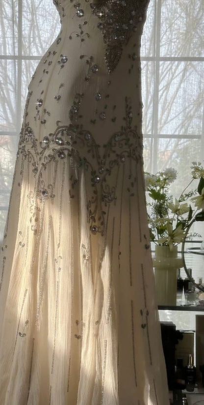Shiny Beaded Chiffon Ball Dress for Party Spaghetti Strap Backless Evening Dress RF0399