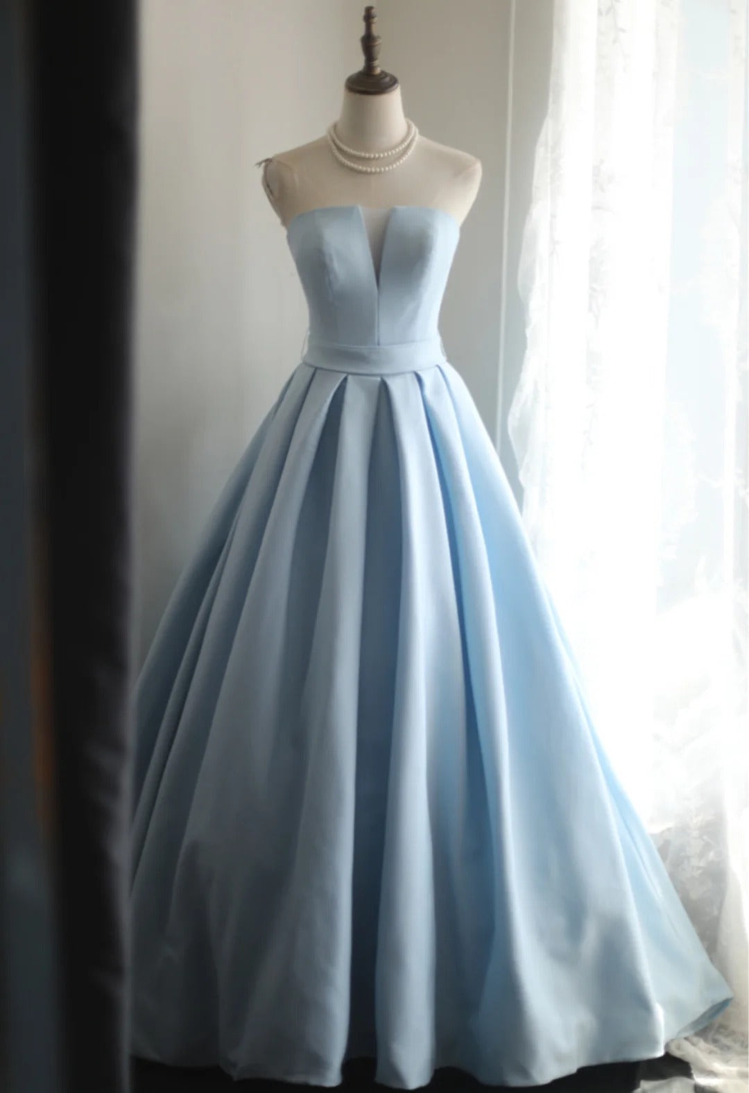 Sweet Sky Blue Strapless A-Line Satin Train Prom Dresses Formal Evening Dresses RF0400