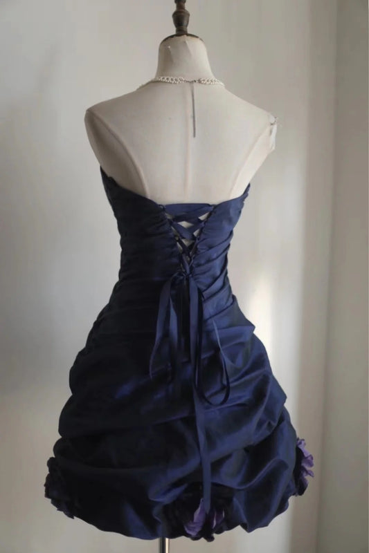 Elegant Navy Sweetheart Neck Satin Short Prom Dress Homecoming Dress RF0401