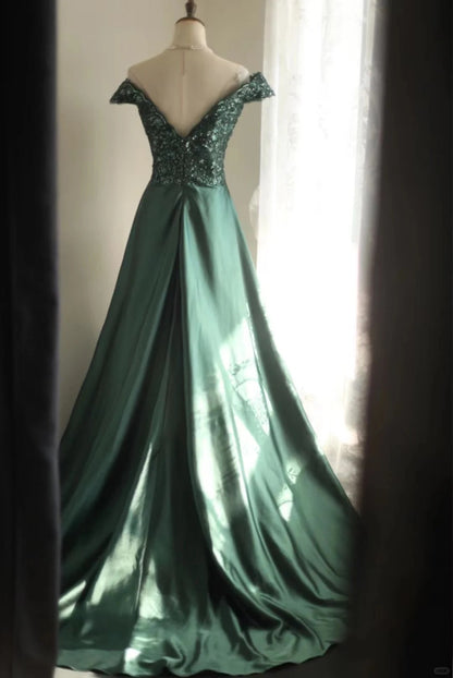 Dark Green Off Shoulder Satin A-Line Long Prom Dresses Formal Evening Dress RF0403