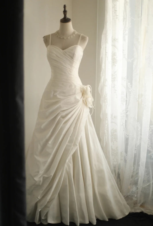 Simple White Spaghetti Strap A-Line Satin Train Wedding Dress RF0407