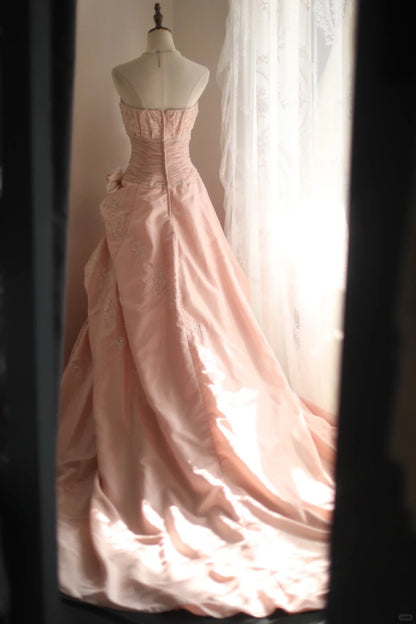 Pink Sweet A-Line Strapless Satin Lace Train Wedding Dress RF0406