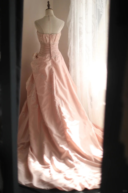 Pink Sweet A-Line Strapless Satin Lace Train Wedding Dress RF0406
