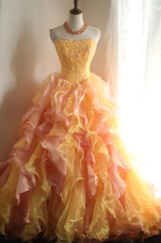 Gorgeous Orange Pink Spaghetti Strap Chiffon A-Line Wedding Dress Long Prom Dresses RF0409