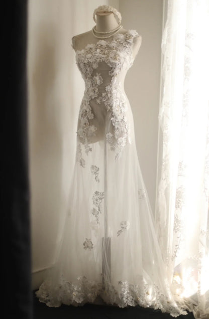 Sexy Mermaid Tulle One Shoulder Applique Wedding Dress RF0411