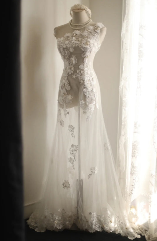 Sexy Mermaid Tulle One Shoulder Applique Wedding Dress RF0411