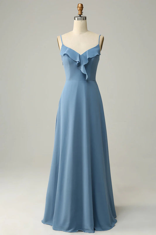Strap Dusty Blue Ruffle A-Line Chiffon Bridesmaid Dress RF0418