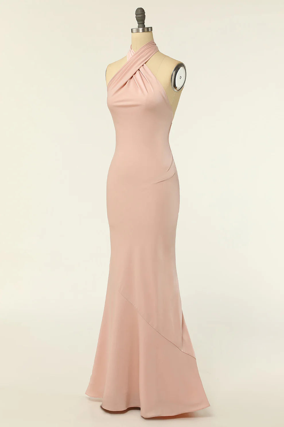Mermaid Blush Pink Halter  Open Back Satin Long Bridesmaid Dress RF0419