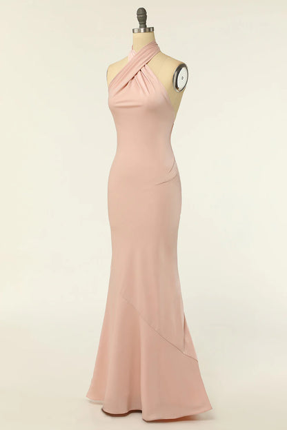 Mermaid Blush Pink Halter  Open Back Satin Long Bridesmaid Dress RF0419