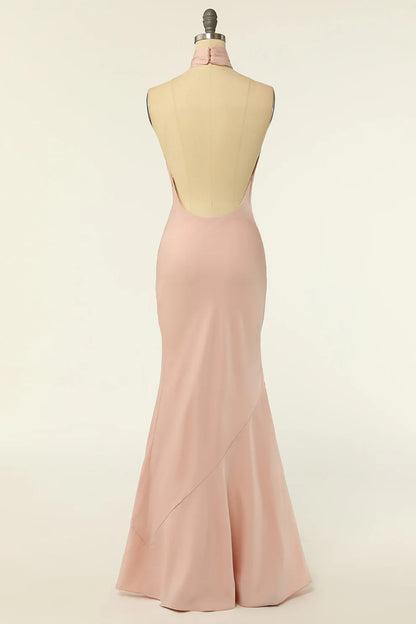 Mermaid Blush Pink Halter  Open Back Satin Long Bridesmaid Dress RF0419