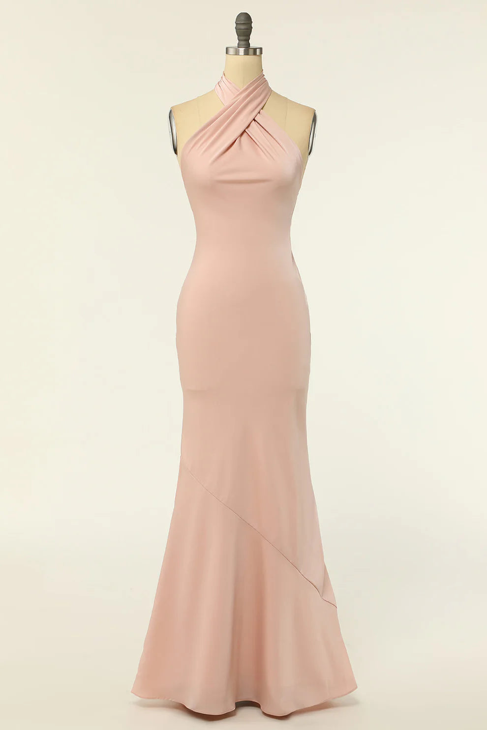 Mermaid Blush Pink Halter  Open Back Satin Long Bridesmaid Dress RF0419