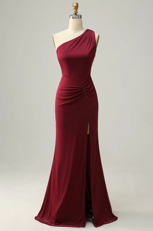 Mermaid One-Shoulder Burgundy Pleated Bridesmaid Dress RF0420