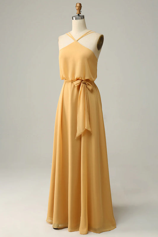 Chiffon Sheath Yellow Halter Long Bridesmaid Dress with Belt RF0421