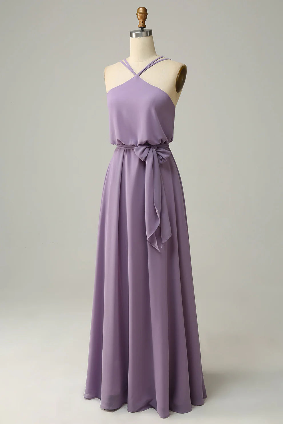 Chiffon Sheath Yellow Halter Long Bridesmaid Dress with Belt RF0421