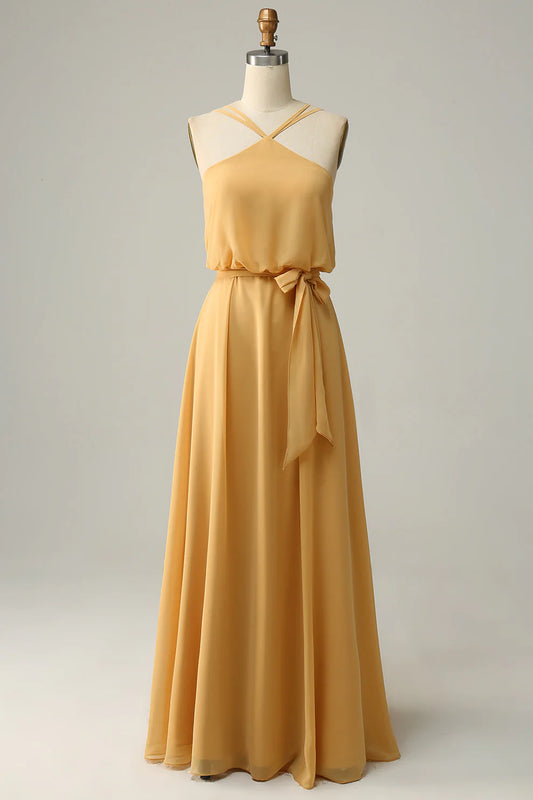 Chiffon Sheath Yellow Halter Long Bridesmaid Dress with Belt RF0421